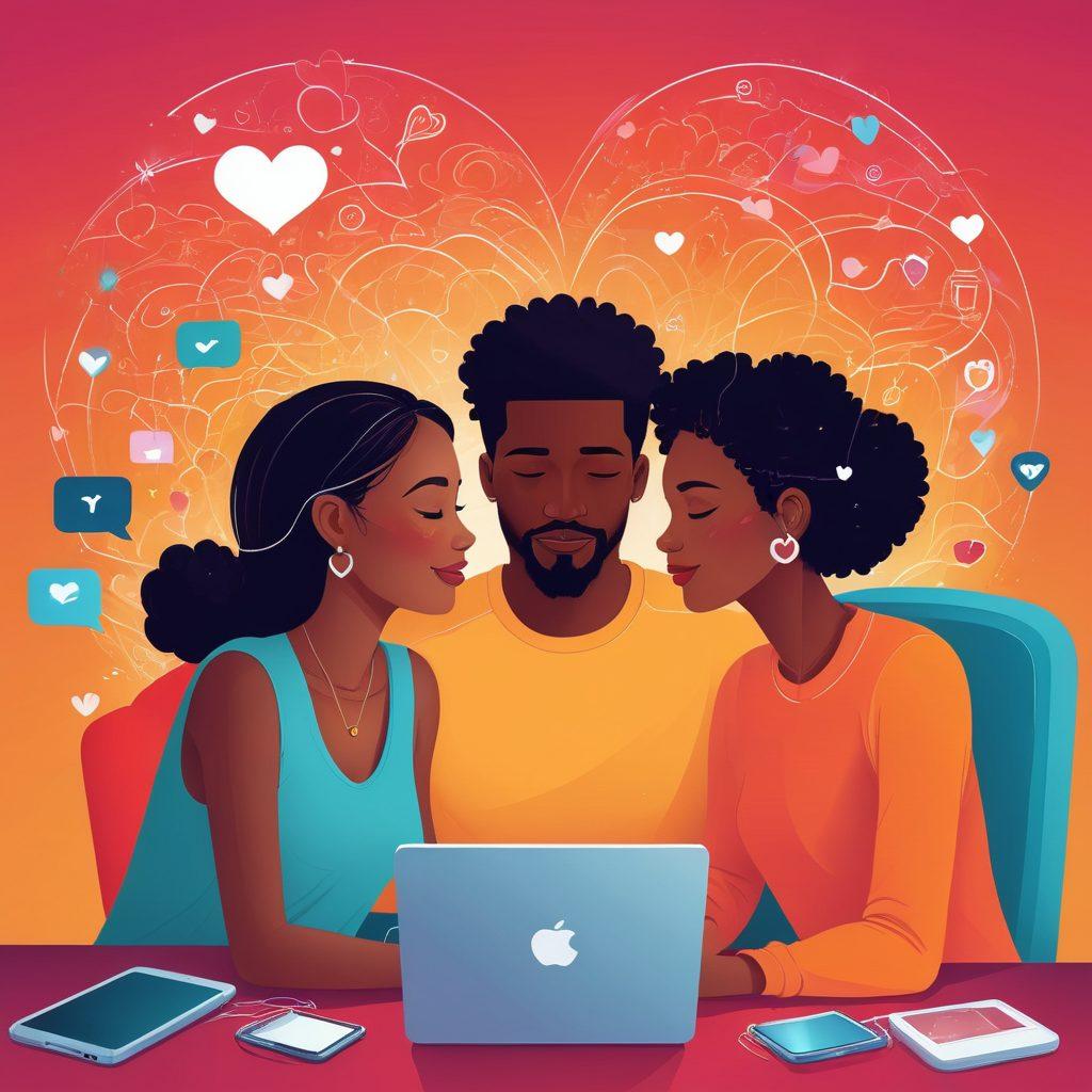 A vibrant illustration depicting diverse couples engaged in open relationships, surrounded by digital devices symbolizing connection. In the background, a nurturing community with people of various backgrounds and cultures interacting harmoniously. Warm colors create an inviting atmosphere, while digital elements like hearts and chat bubbles float around. The overall style is modern and colorful, illustrating the blend of love and technology. vector art. vibrant colors.