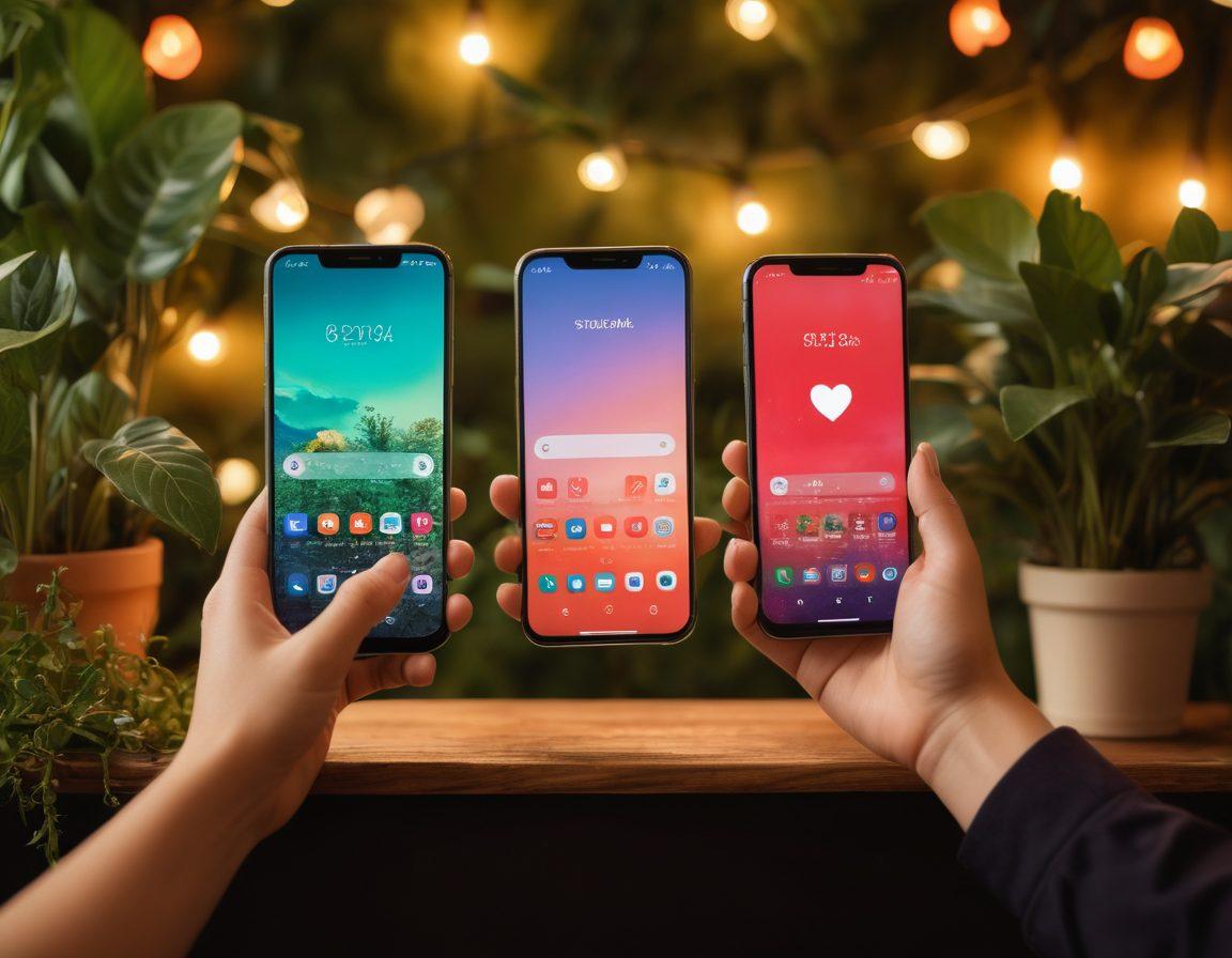 A cozy, intimate setting featuring two diverse individuals sharing a candid moment, surrounded by soft lighting and warm tones. Include elements that symbolize connection, like intertwined hands and heart-shaped decor. The background should have a lush, romantic garden that enhances the theme of affection, with subtle symbols of modernity like smartphones artfully placed. super-realistic. vibrant colors. soft focus.