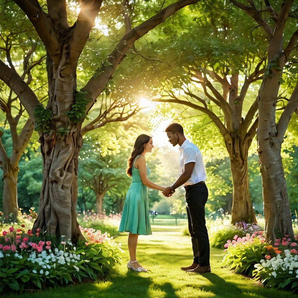 A romantic scene featuring a couple exchanging glances in a lush, green park, surrounded by blooming flowers and soft sunlight filtering through the trees. Include symbolic elements like intertwined hands or heart shapes in the background to represent emotional connections and companionship. The atmosphere should evoke warmth, intimacy, and harmony, highlighting the journey of love. vibrant colors. dreamy style.